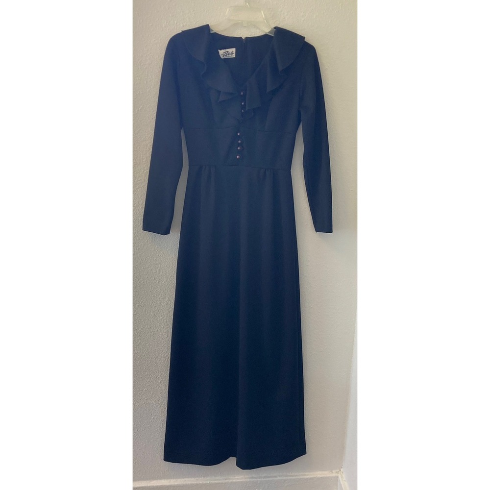 VINTAGE Mr Bob of California Maxi Dress Black Long Sleeve Ruffles MCM 70's